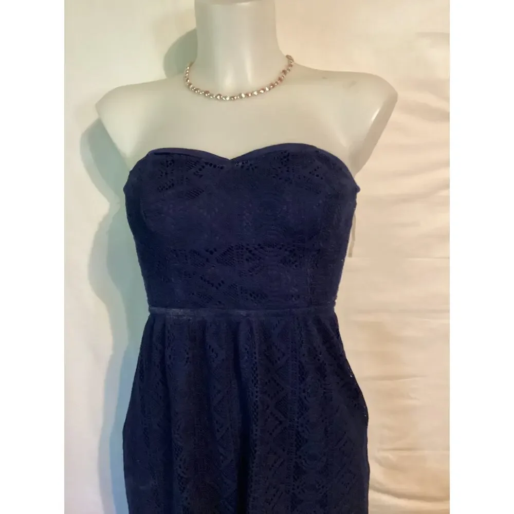 1142 Bailey Blue Strapless Open Bow Back Lace Maxi High Low Small Navy Blue